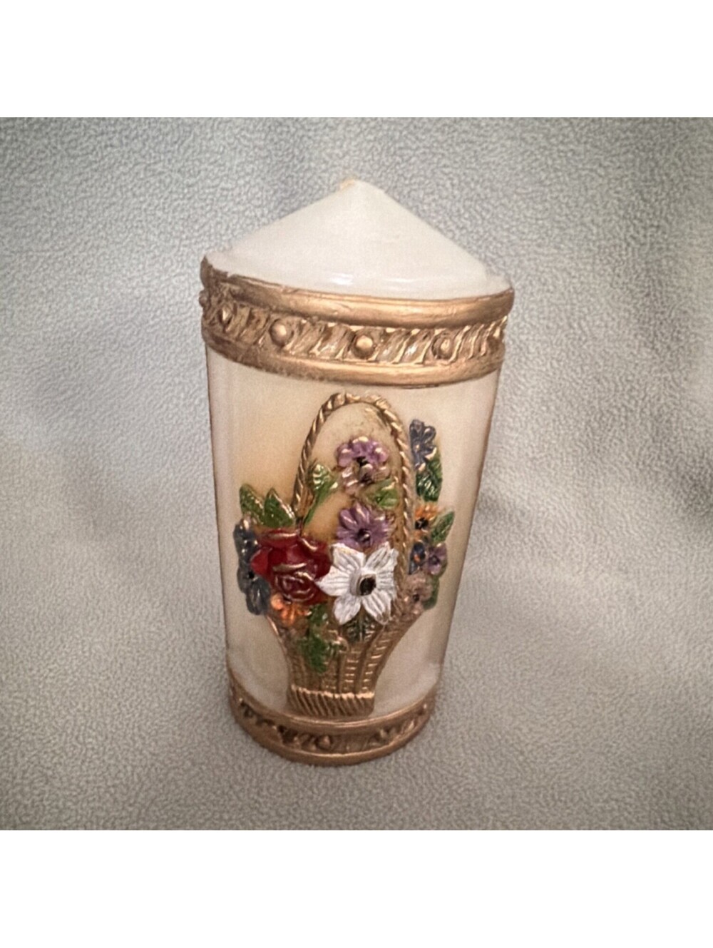 Decorative Floral Pillar Candle White Gold Multicolor Vintage Round Wax